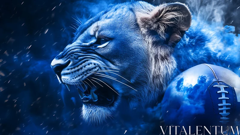 Blue-toned lion profile with stylized American football.