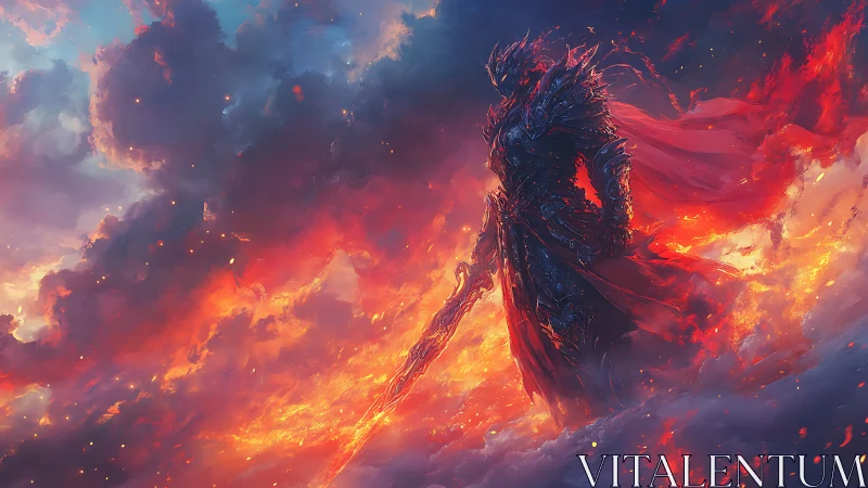 Ember crowned warlord strides through a burning skystorm.