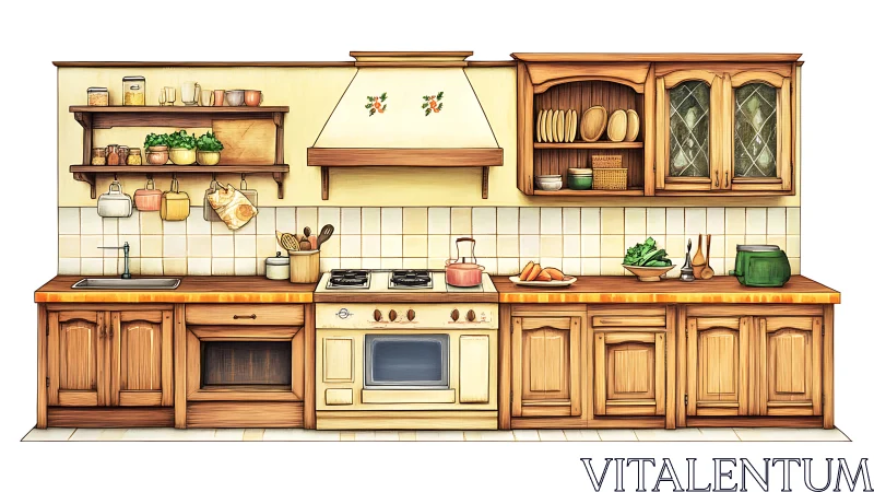 Country-style kitchen elevation shows organized rustic cabinetry