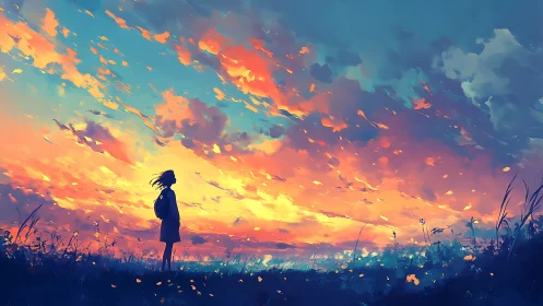 Girl beneath blazing sunset sky contemplates the horizon.