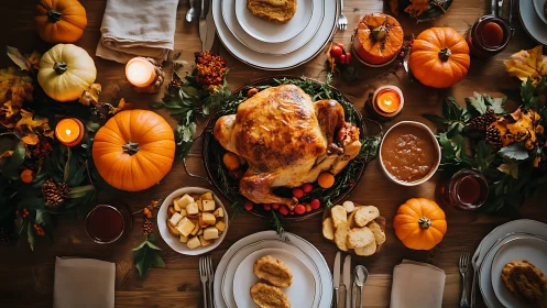 Photorealistic autumn feast layout with roast turkey centerpiece.