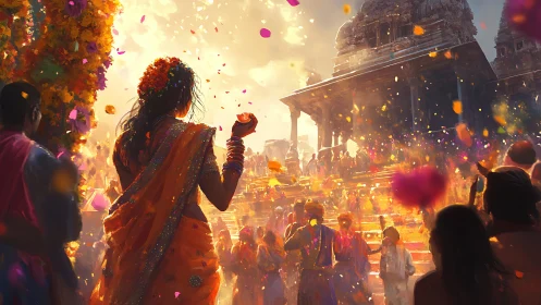 Backlit temple festival crowd with dynamic color-saturated petals