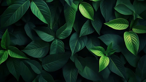 Lush layered green leaves in dramatic low key lighting.