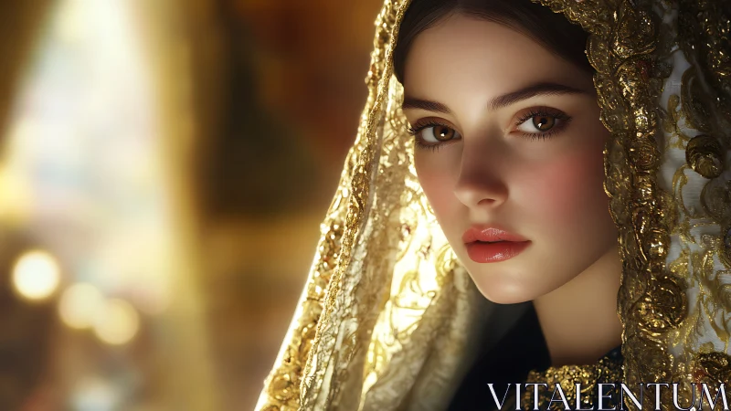 Regal portrait with gilded veil and luminous bokeh glow.