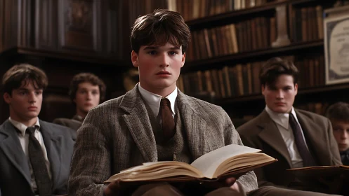Group of male students reading books in classic library.