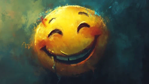 Yellow spherical face displays exaggerated smile in teal field