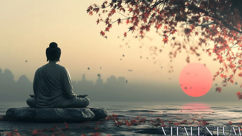 Serene Buddha watches autumn sun melt into misted water.