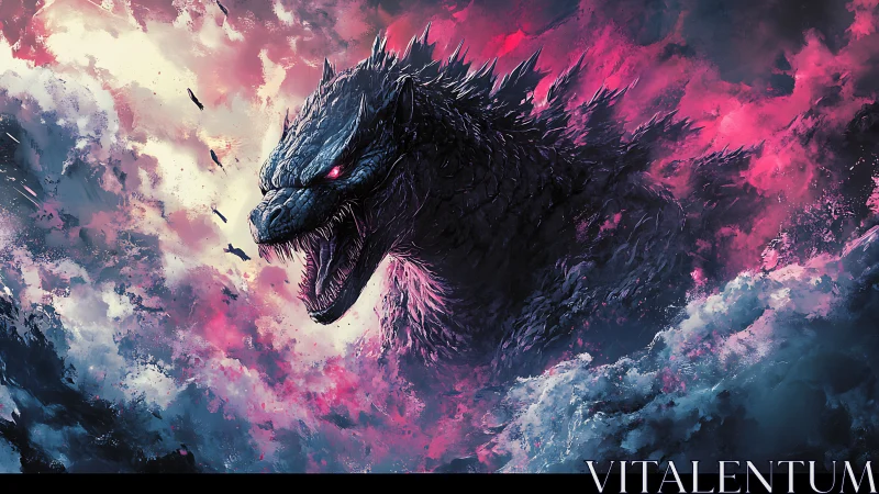 Stormlit sea titan roaring beneath neon apocalypse skies.