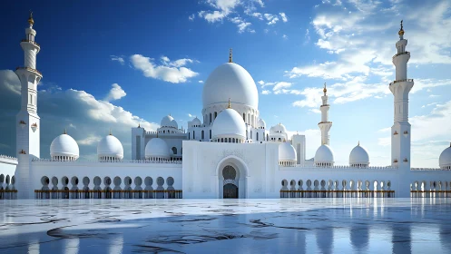 White domed mosque complex under clear blue sky.