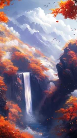 Autumn mountains cascade around luminous waterfall gorge.
