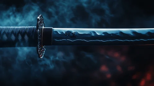 Detailed katana blade with smoke and subtle red glow.