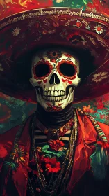 Dia de Muertos skeleton wears ornate red charro suit
