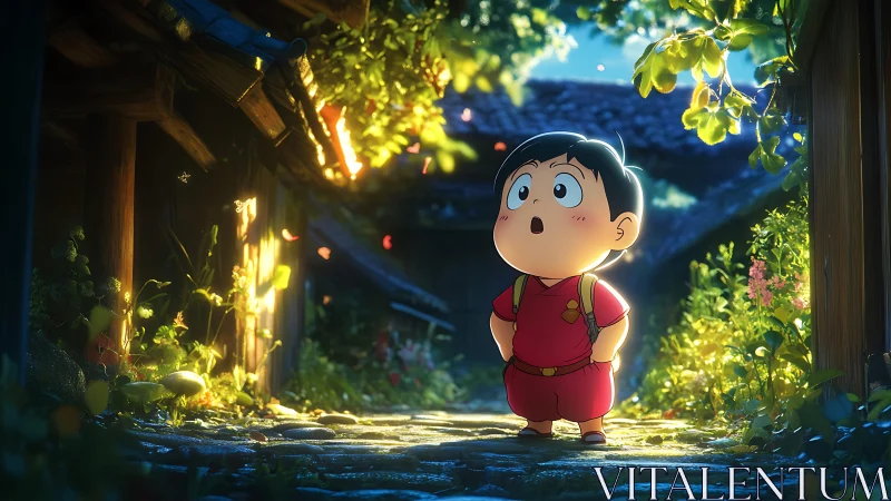 Curious child explores glowing village lane at golden hour.