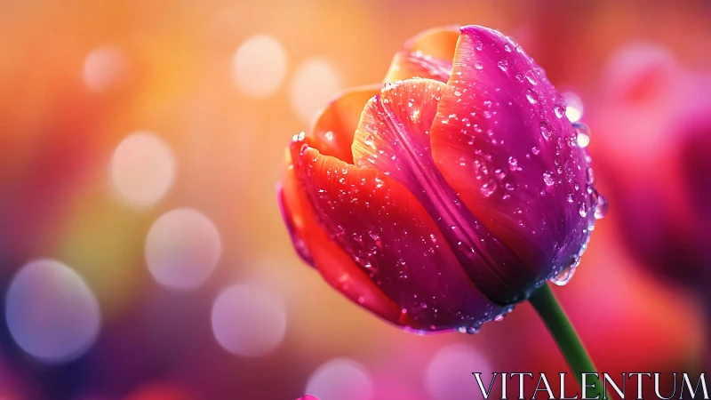 Macro tulip bloom with dewdrops against luminous bokeh field