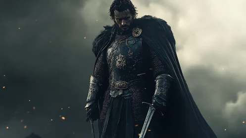 Armored warrior stands with twin swords in smoky battlefield