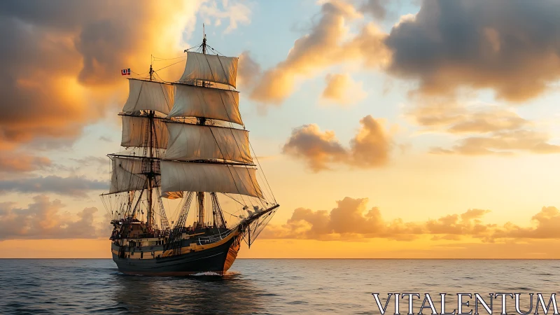 Sunlit tall ship glides softly beneath a painted sky