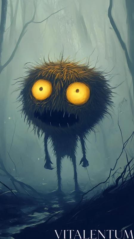 Luminescent-eyed shaggy forest entity in volumetric fog.