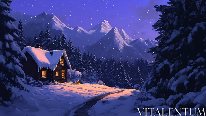 Cozy winter cabin glowing softly beneath snowy peaks.