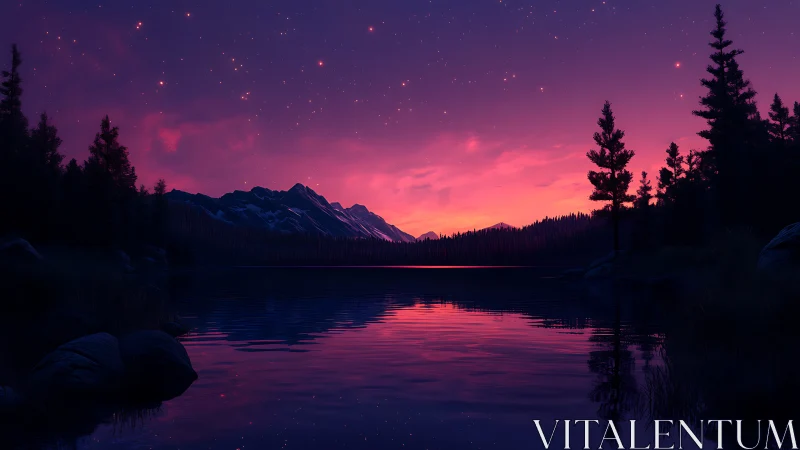 Violet twilight sky over still alpine lake reflection.