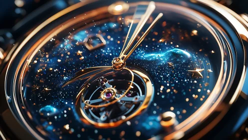 Close-up of mechanical watch with cosmic styled dial face.