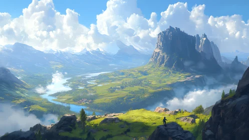 Solitary wanderer crossing a cloud-bright emerald valley.