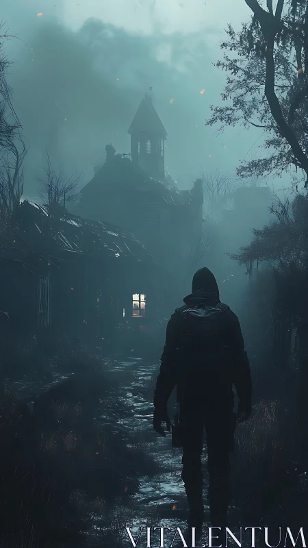 Solitary figure walks toward derelict church in dense fog