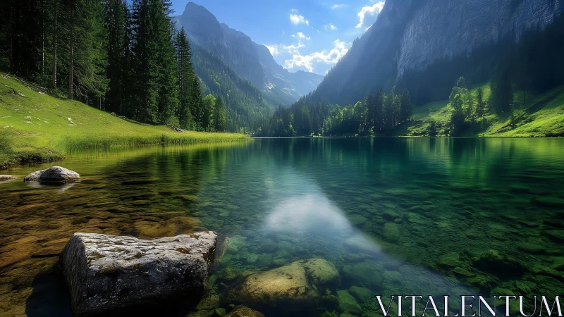 Alpine lake with conifer forest and distant mountain ridges.