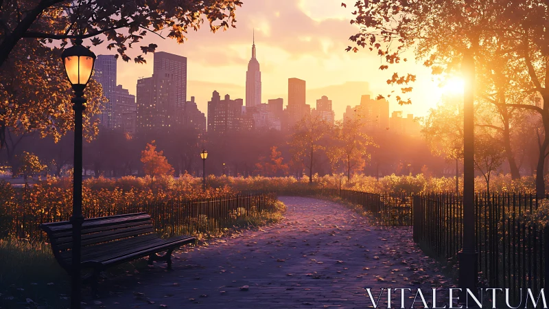 Golden hour city park trail kissing the autumn skyline.