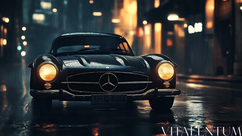 Rainlit vintage Mercedes prowls a cinematic midnight street.