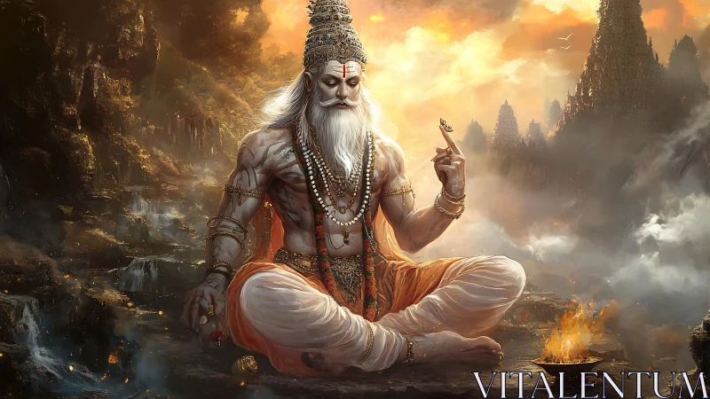 Mythic sage in meditative asana amid fiery Himalayan gorge