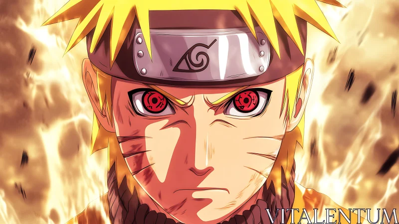 Intense anime portrait with fiery symmetrical character focus.