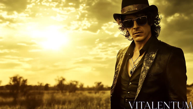 Backlit man in hat and sunglasses under intense golden sunset haze