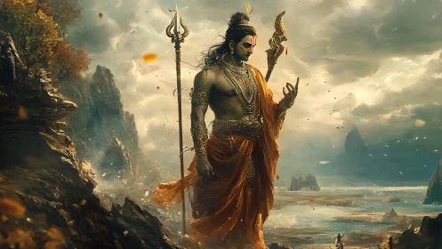 Mythic warrior deity strides through storm-lit coastal ravine