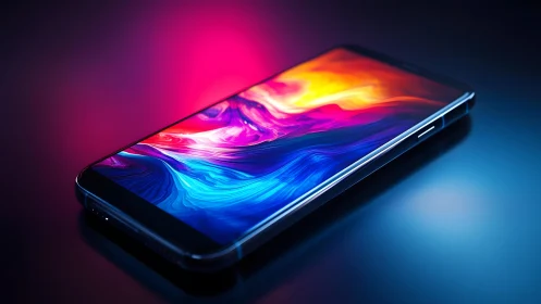 Modern smartphone with vibrant abstract display, neon lighting effect.