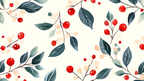 Watercolor botanical berries pattern with flowing leaf motifs.