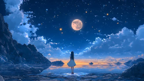 Solitary girl beneath full moon over reflective coastal shallows