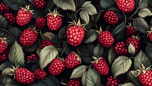Sunlit raspberries glow warmly among deep forest leaves