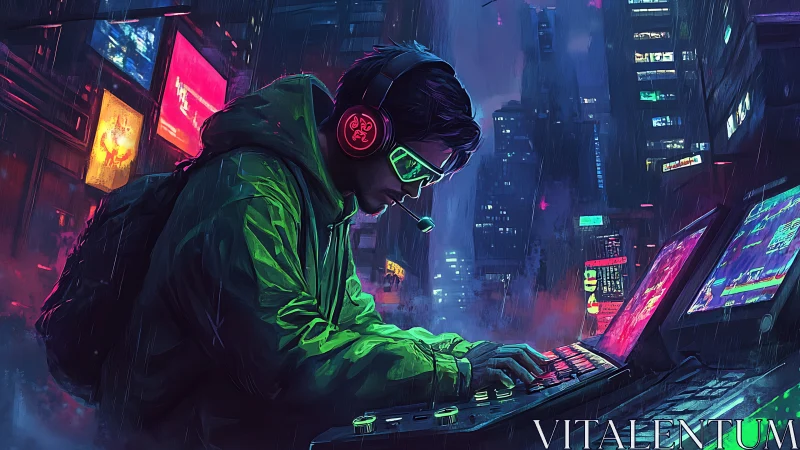 Neon-clad hacker at rain-soaked cyberpunk terminals. Period.