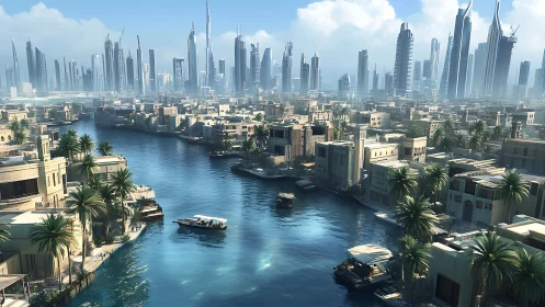 Dense canal district extends toward high-rise urban skyline