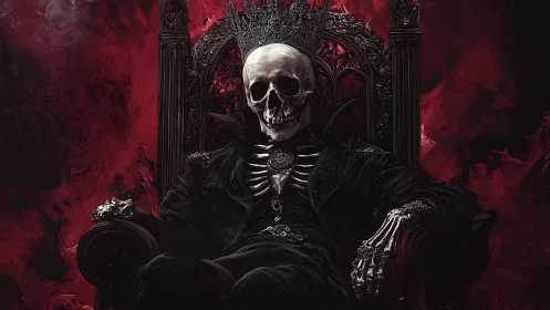 Skeletal monarch sits on ornate throne against red void