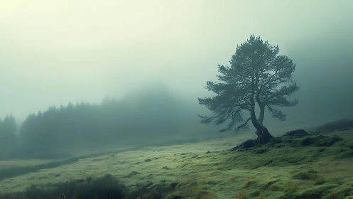 Solitary pine in mist-drenched moorland, cinematic composition.