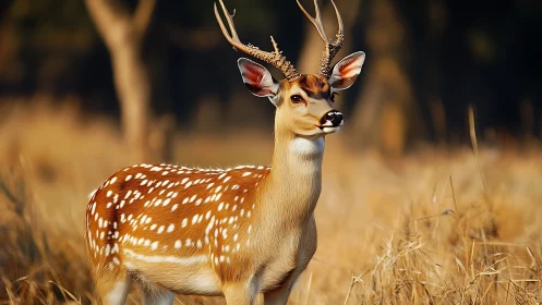 Spotted deer stands alert within golden autumn grassland.
