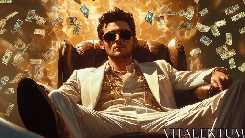 Lounge king of cash storms in molten golden swagger mode.