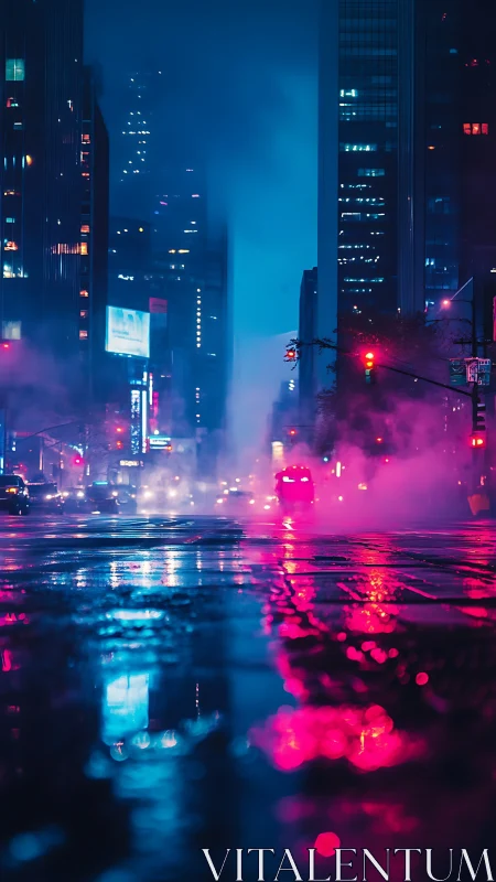 Neon drenched cyberpunk avenue dissolves into mist and reflection