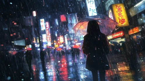 Silhouetted figure walks rainy neon city street at night