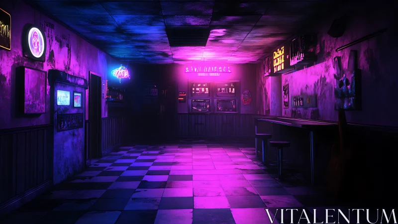 Neon lit bar interior shows empty checkered floor and counter
