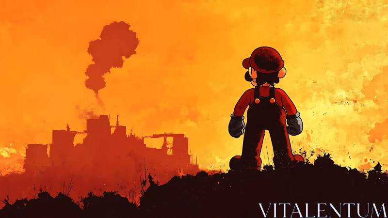 Silhouette of cartoon plumber observing burning urban ruins