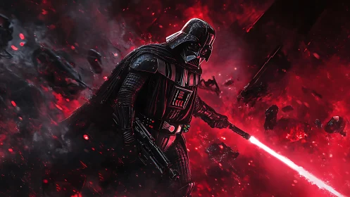 Armored dark warrior advances through red cosmic storm