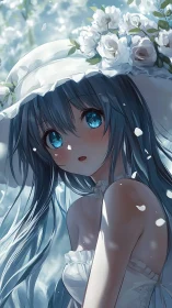 Blue eyed girl in white sun hat with floral crown outdoors