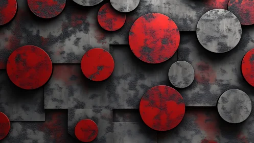 Bold red and gray abstract geometric wall art with circular motifs.